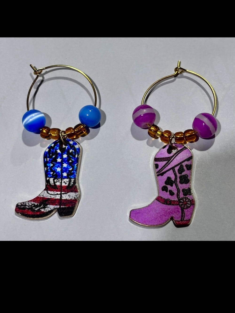 Handmade Cowboy Boot Wine Glass Charms Set 2 Western Cowgirl Beaded Drink